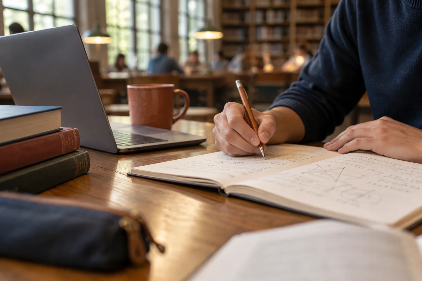 Student working through notes in a library