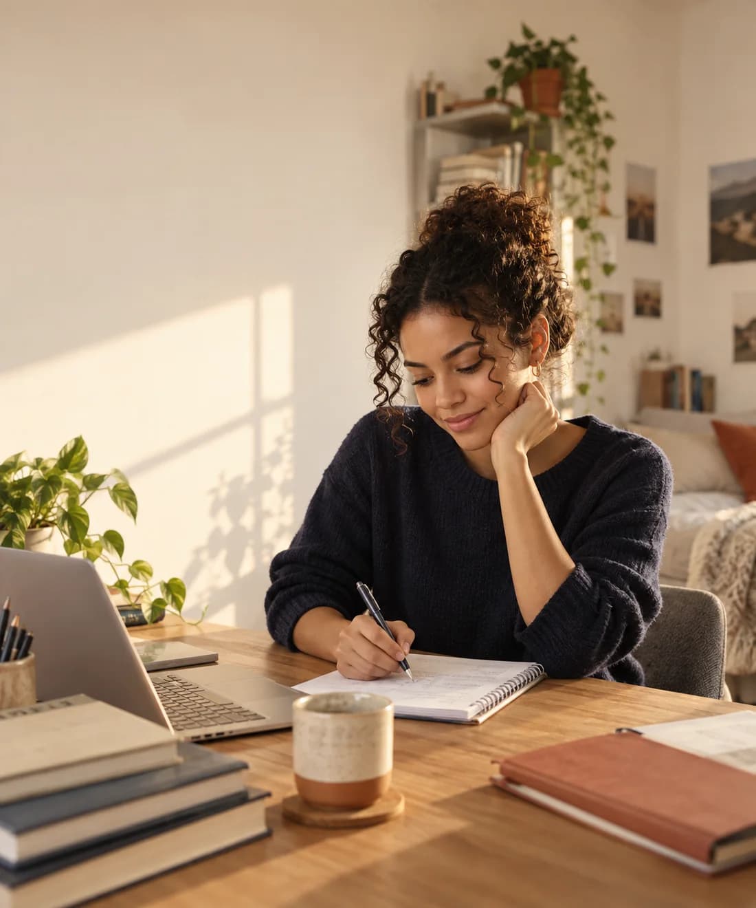 Student studying with a laptop and notebook